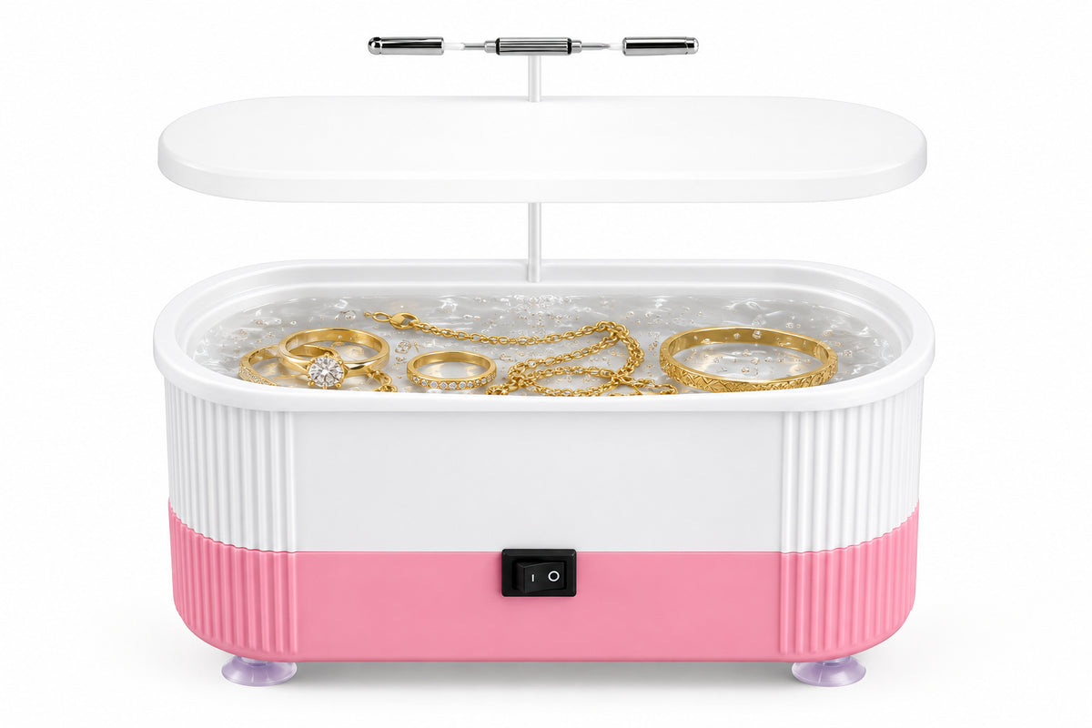 Pink and white electronic device on a white background