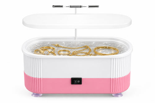 Pink and white electronic device on a white background